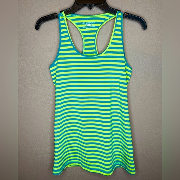 Brooks Racerback Teal and Yellow Striped Tank Top Activewear Rununing Workout S - Picture 1 of 13